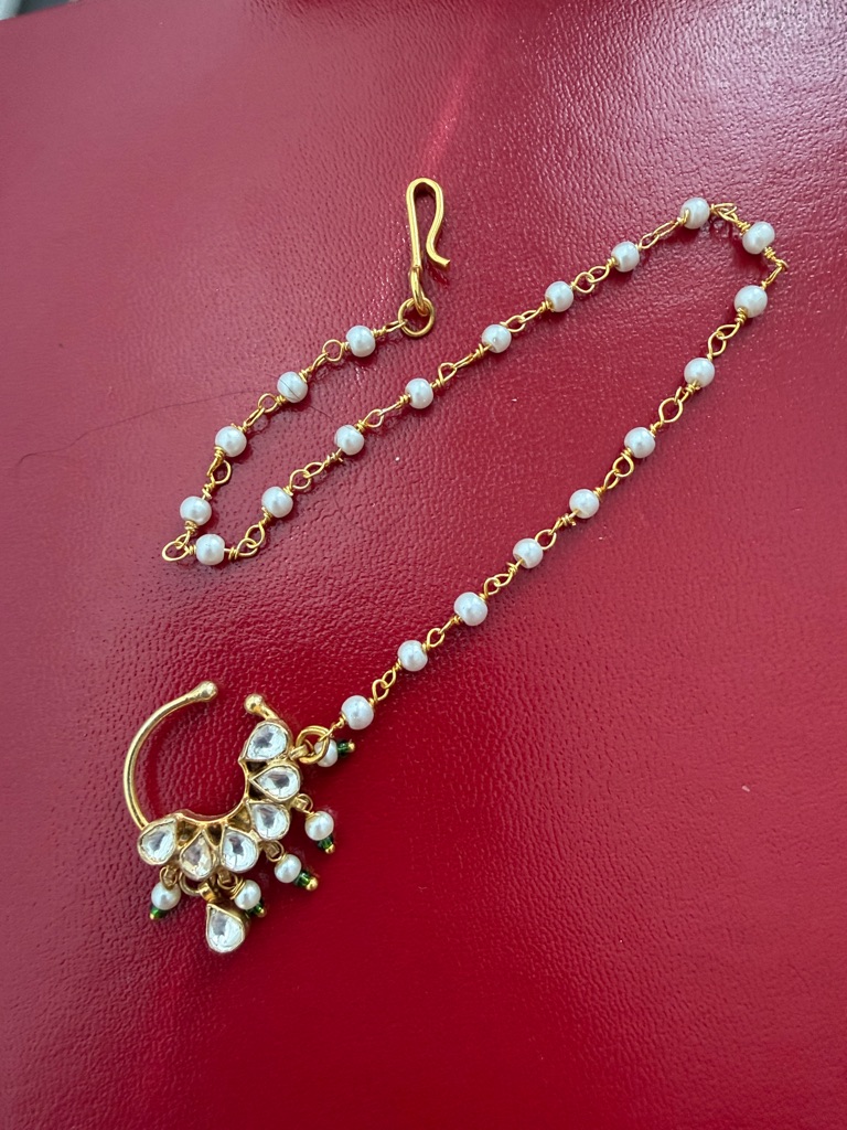 Gold And White Pearl Kundan Style Nose Ring Chain